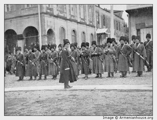 Kutais. Demonstration in October. Cossaks on Guard.